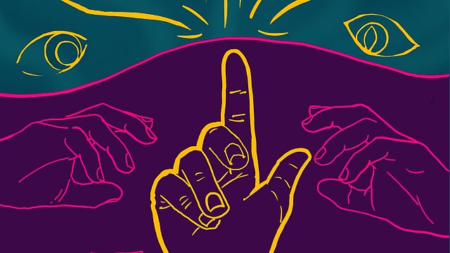 Grafika przedstawiająca konferencję. Żółty palec uniesiony do góry, na tle zieolono-fioletowym